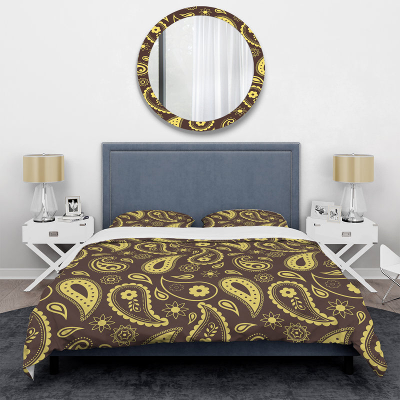 Ensemble de housse de couette à motif floral à motif cachemire brun et jaune, Housse de couette pour très grand lit et 2 très