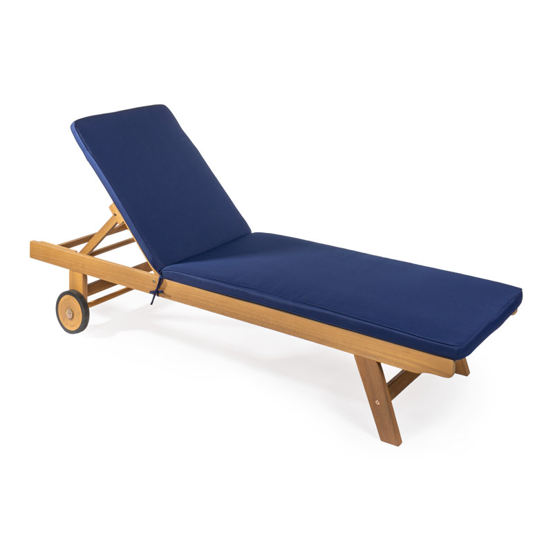 Mallorca Contemporary Acacia Wood Outdoor Chaise Lounge Chair with Navy Cushion and Wheels, Adjustable Teak Brown Recliner for Patio, Poolside