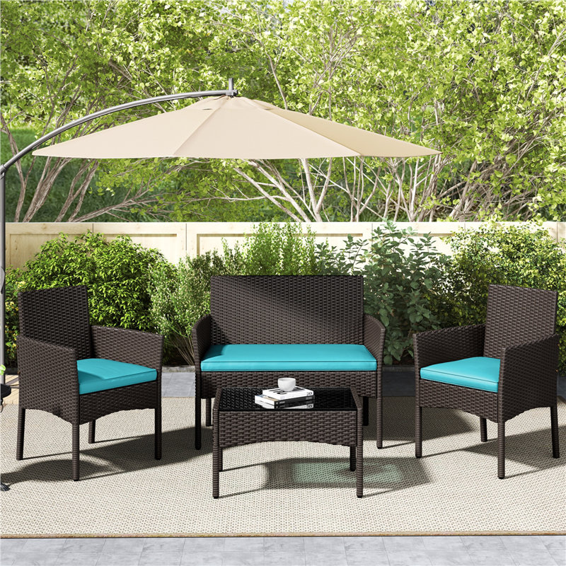 Colour Outdoor All Weather Wicker 4 - Person Seating Group with Cushions, Cyan, Brown