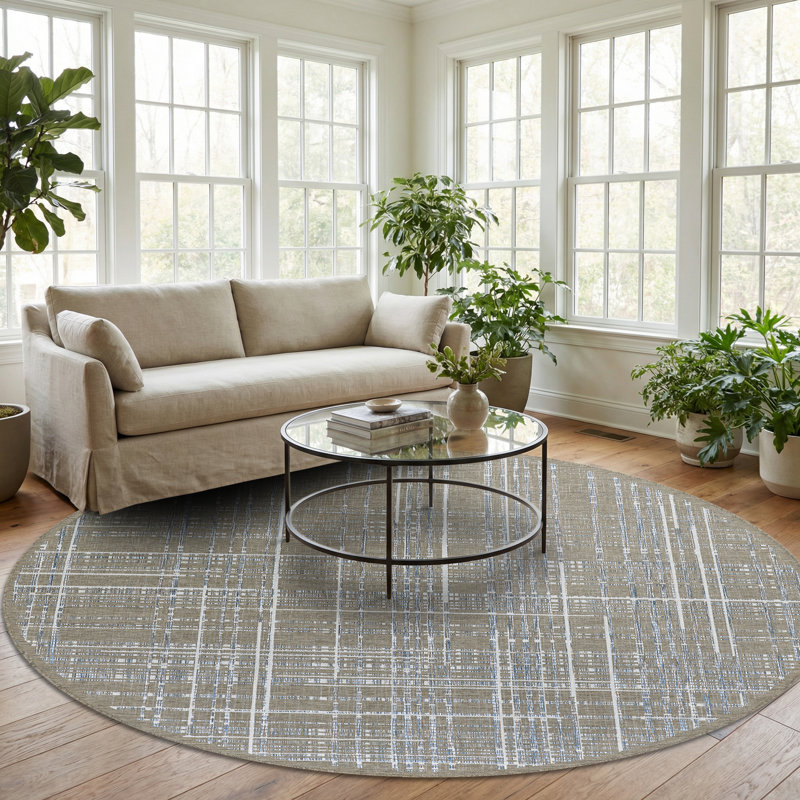 Hitton Plaid Flatweave Sand Ivory Indoor Outdoor Area Rug, Round 7'10"