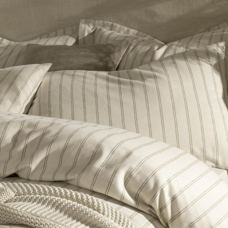 Flannel Stripe Duvet Cover Set, Oat, Queen Duvet Cover + 2 Standard Pillowcases
