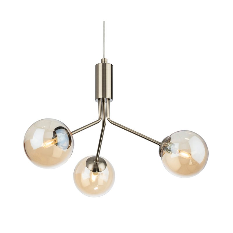 3 - Light Sputnik Chandelier, Antique Brass, Amber, Antique Brass
