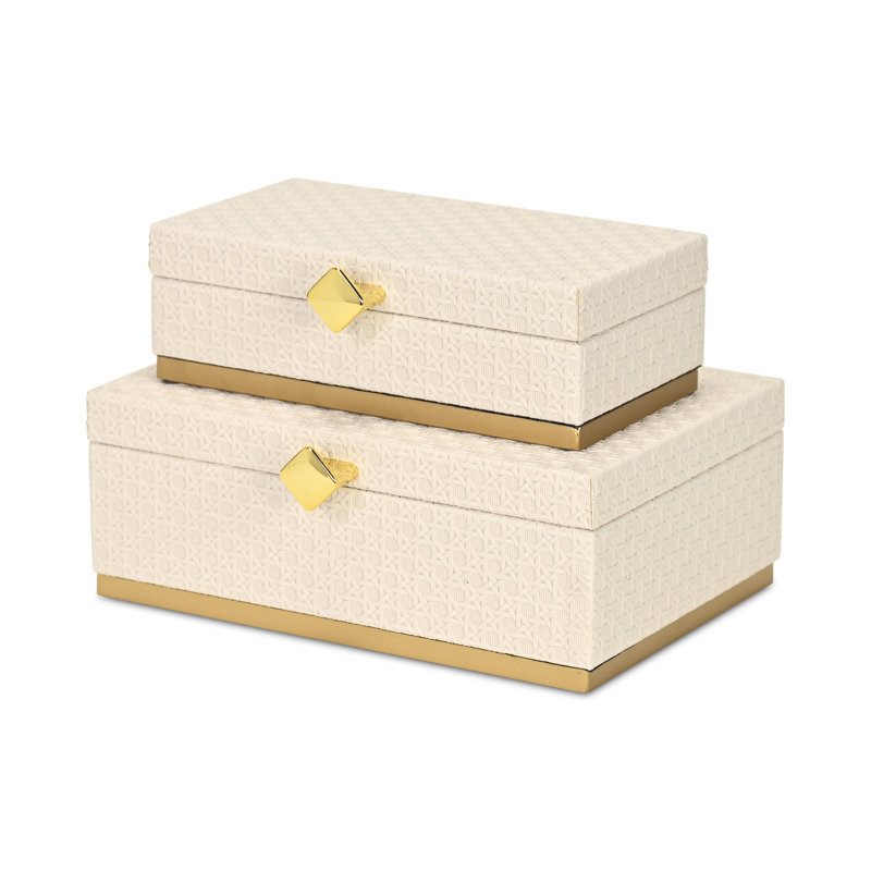 Baskura Vinyl Rattan Rectangular Box Set - White | Gold Metal Base, White