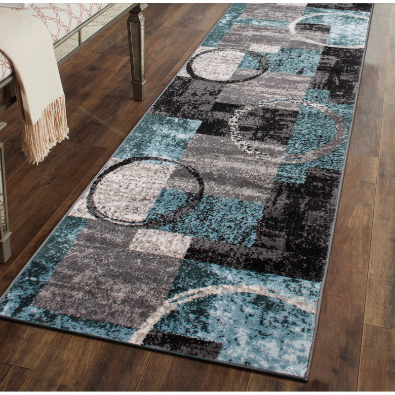 Fanton Modern Abstract Performance Gray/Ivory/Blue Area Rug, Runner 2' x 10'