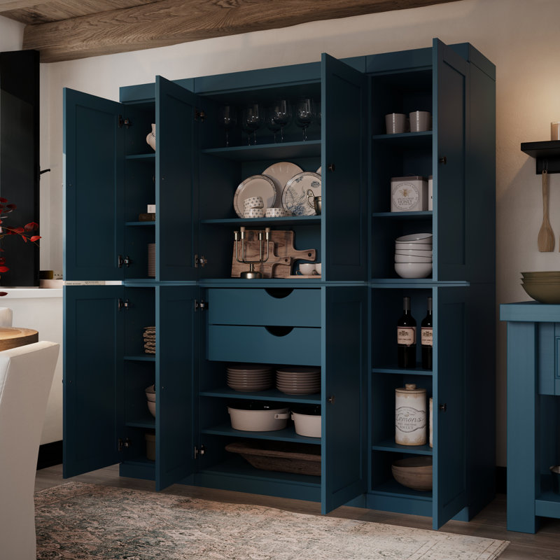 Garde-manger 100% en bois massif 65 po avec portes Shaker, 2 tiroirs et tablettes réglables, Bleu sarcelle