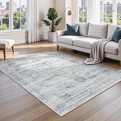 5x7 Washable Area Rugs for Living Room, Neutral Vintage Distressed Non Slip Stain Resistant Grey Rug for Home Office Decor