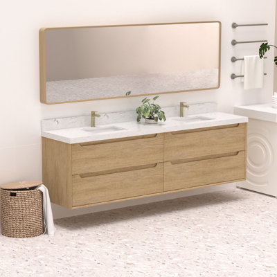 84'' Wall-mounted Double Bathroom Vanity With Engineered Stone Top