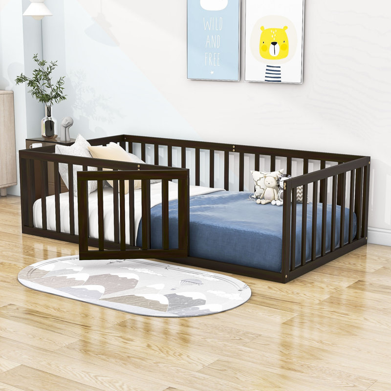 Hajer Wood Platform Bed with Fence and Door, Walnut, Twin