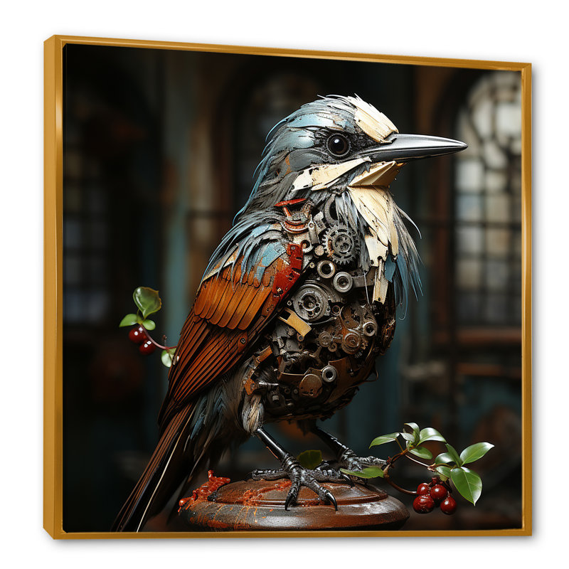 «Brown Steampunk Bird I», art mural oiseau, Cadre flottant doré, H 30 po x l 30 po x P 1,5 po