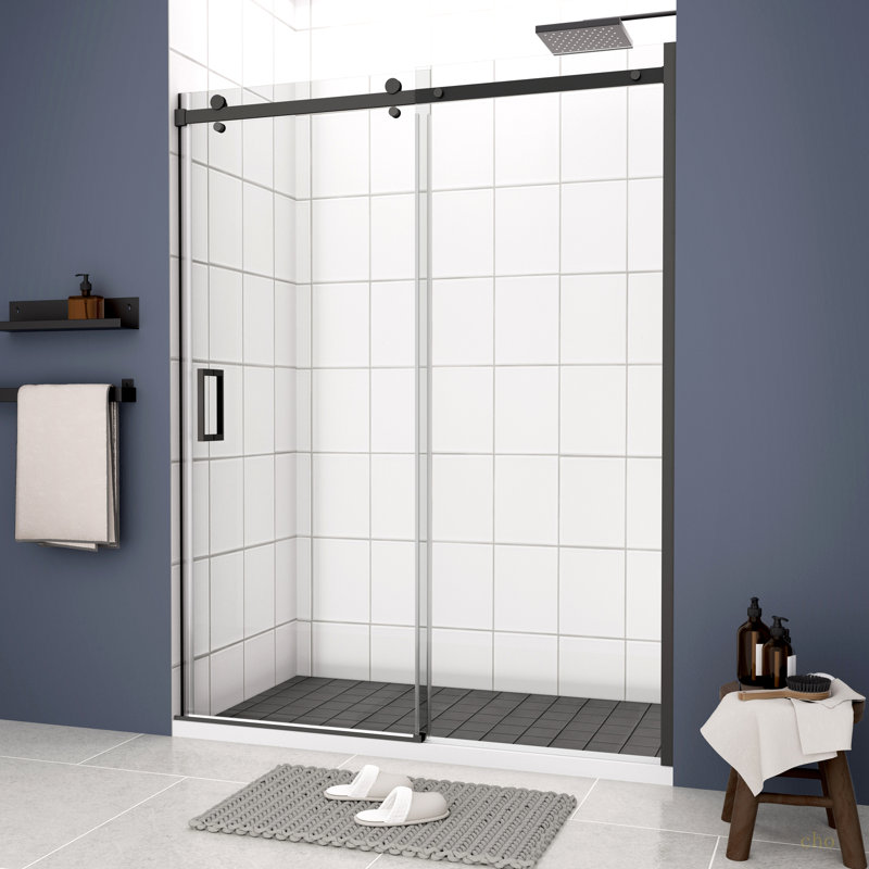 Porte de douche en verre, porte coulissante, avec verre trempé de 5/16 po 6074, Noir mat
