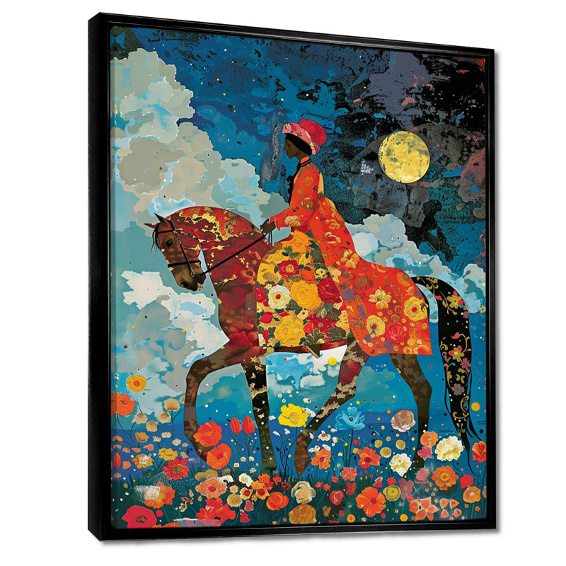 Dame à cheval, pleine lune, champ de fleurs - cheval, art mural, H 32 po x l 24 po, Toile flottante noire encadrée