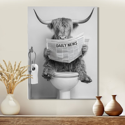 «Gray Highland Cow lecture sur la toilette», reproduction d'art sur toile encadrée de ferme grise