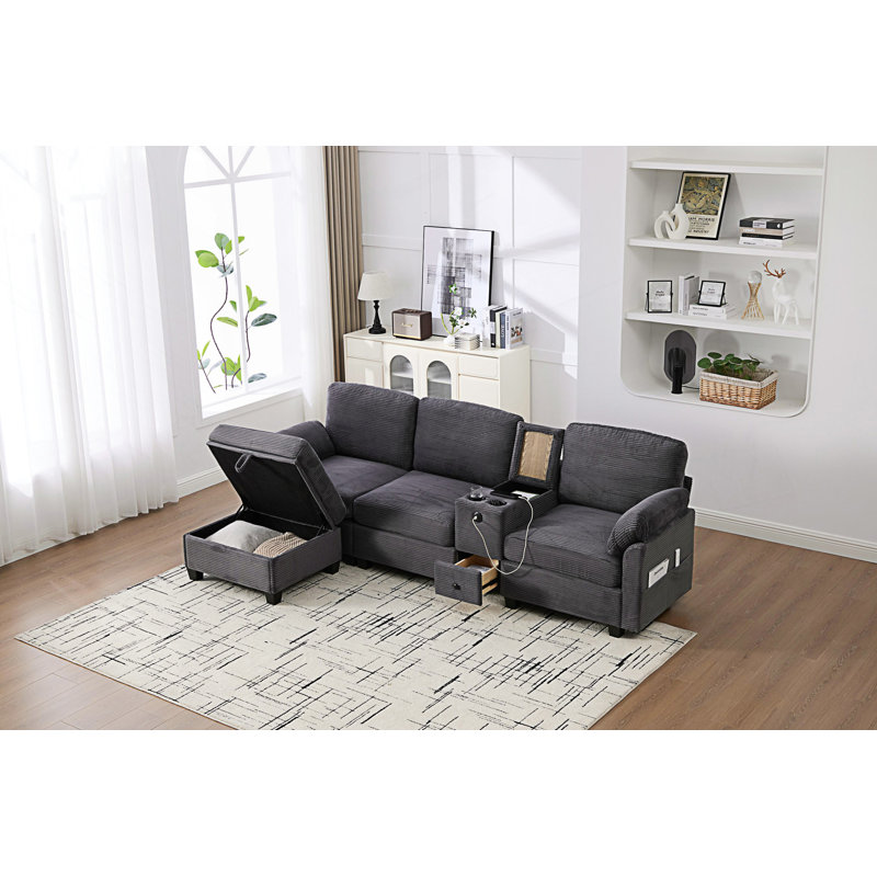 Canapé en L multifonctionnel à 4 places avec porte-gobelet / USB / boîte de rangement, Dark Grey Corduroy