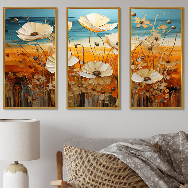 «Beautiful Warm Flowers Field I», ensemble de reproductions d'art mural, Cadre flottant doré, 28" H x 36" W x 1" D