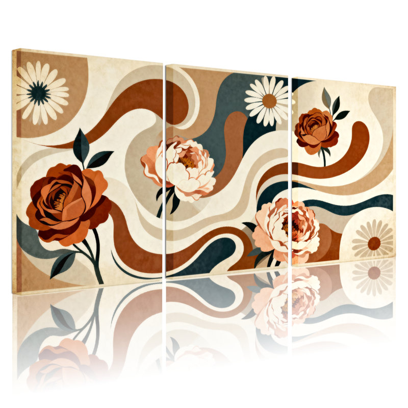 Plantes et fleurs, vagues florales, art abstrait, ensemble de 3 impressions sur toile, H 24 po x l 48 po