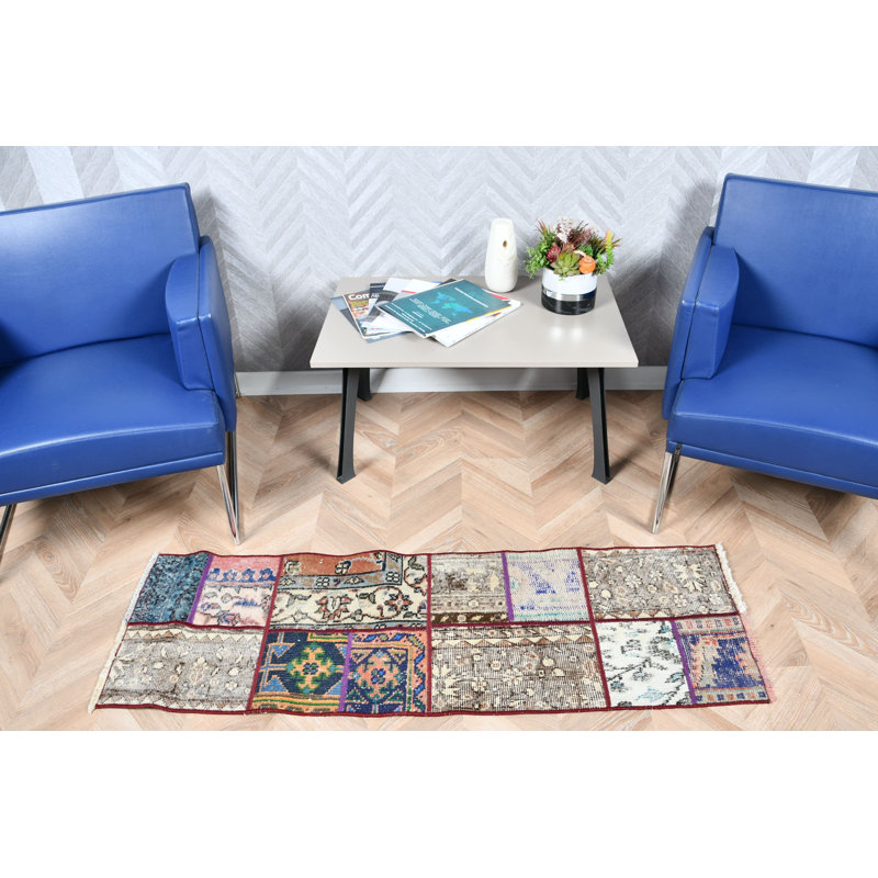 Handmade Vintage Turkish Runner Rug Featuring Unique Multicolor Patchwork Design With Geometric Patterns Ideal For Hallways
