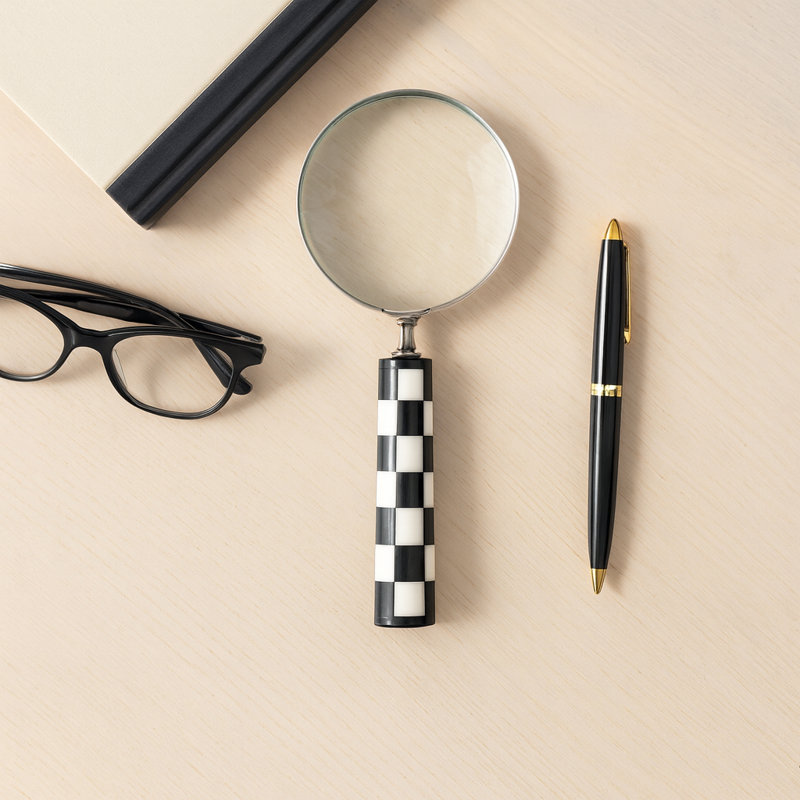 Decorative Round Glass Magnifying Glass Object with Resin Handle for Home Decor - Sculptural Figurine Accent for Decorations for Living Room - Black/White