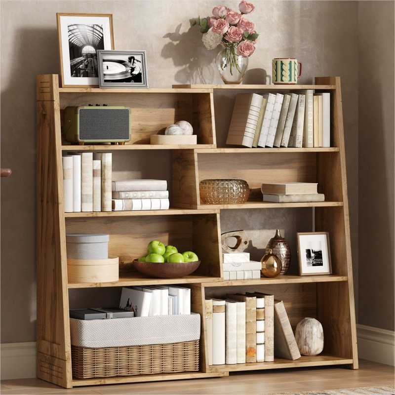 Bibliothèque autoportante en bois massif en forme de L, à quatre niveaux et extensible en deux parties, idéale pour le rangement et l'exposition en angle.