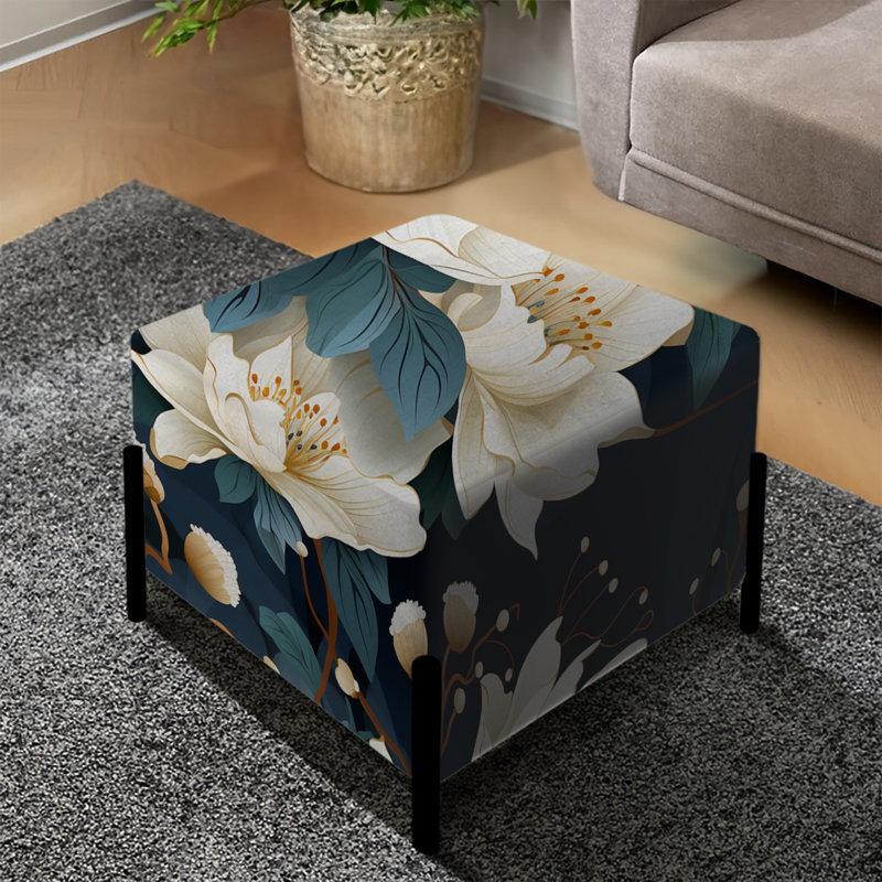 Repose-pieds carré blanc avec pivoines Tranquil