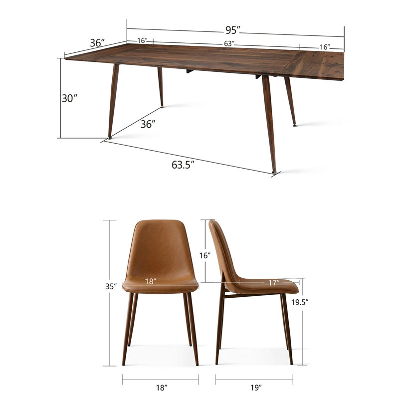 Extendable Rectangular Dining Table Set For 8 With Faux Leather Chairs, Brown