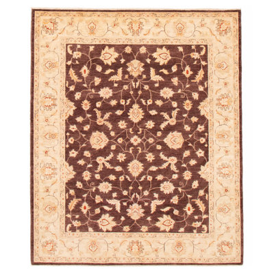 Tapis unique en laine noué à la main nouvel âge de 6 pi 7 po x 8 pi brun foncé / kaki / rouge Armes