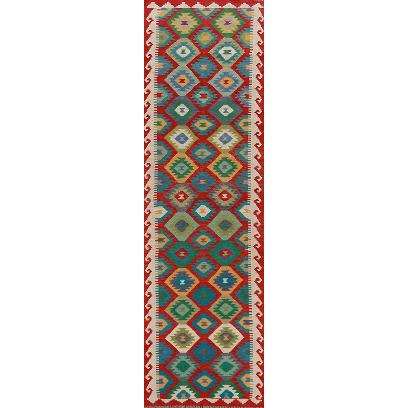 Tapis de couloir oriental géométrique en laine Kilim 3 x 13