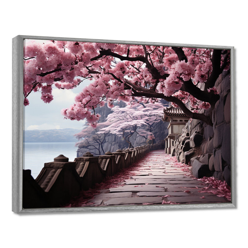 Japon Art Cherry Blossom Pink Path On Canvas Print, 12" H x 20" W x 1" D, Silver Floater Framed