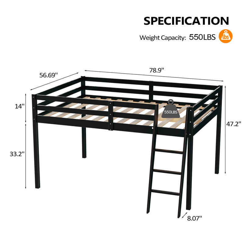Lit mezzanine junior en bois noir avec escalier double pour adultes, enfants et jeunes adolescents