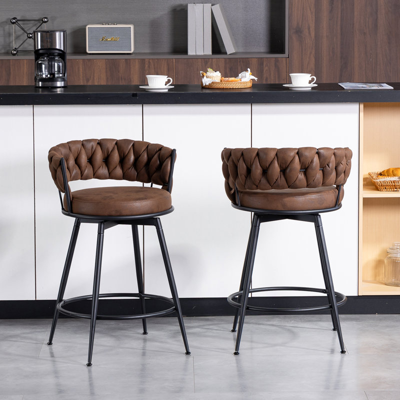 24" Counter Height Bar Stools Set of 6 - 360° Swivel with Suede Fabric & Modern Woven Design, Backrest & Footrest for Kitchen Cafe Pub