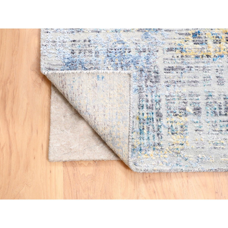 Tapis noué à la main 8 pi 1 po x 10 pi gris avec touches de laine et de soie bleues et jaunes E39BE8FE7B334BA0AC5FF86B08F25C76