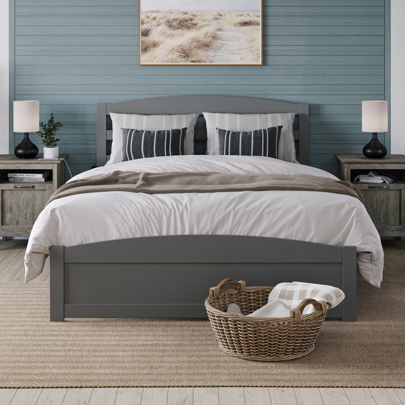 Elliana Solid Wood Platform Bed with Footboard & Built-in Charging Station, Gray, Full/Double