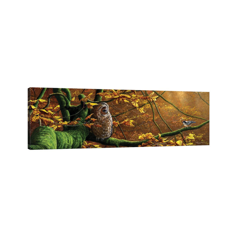Mobbed - Hibou fauve et mésange charbonnière, H 20 po x l 60 po x P 1,5 po