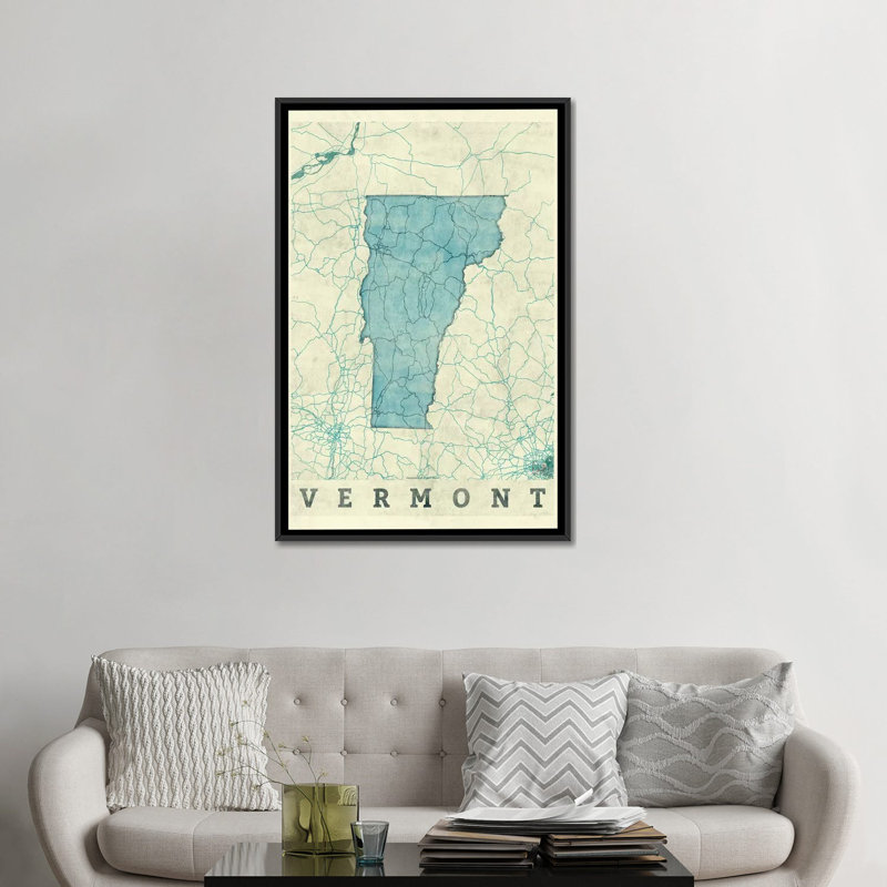 « vermont map », impression sur toile, H 60 po x l 40po x P 1,5 po, Toile avec cadre noir, Pas de tapis