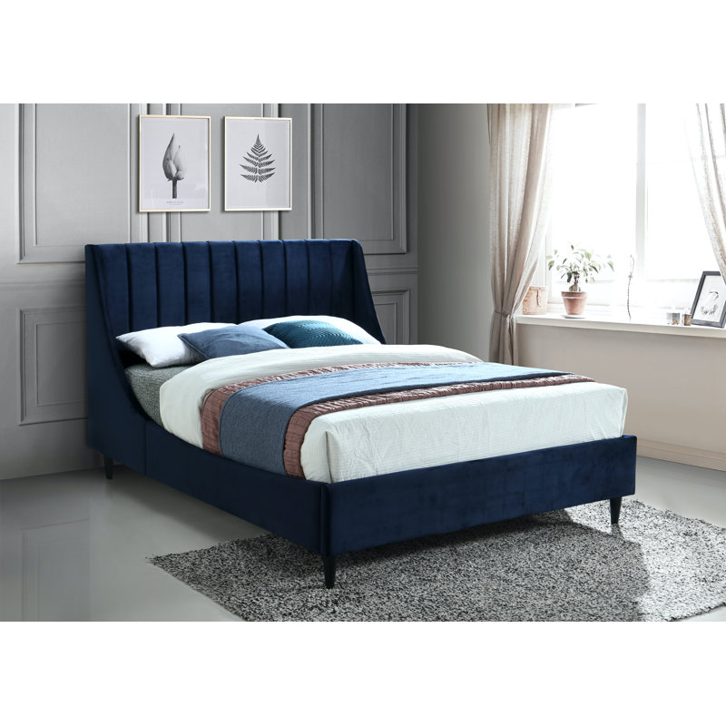 Eva Upholstered Low Profile Platform Bed, Queen, Navy Velvet