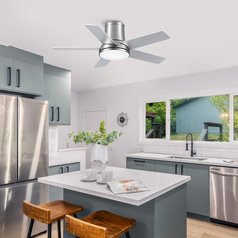 Cryise 42" Indoor Brushed Nickel Flush Mount Ceiling Fan With LED Light, Remote Control And 5 Two-Tone Blades, 260 RPM