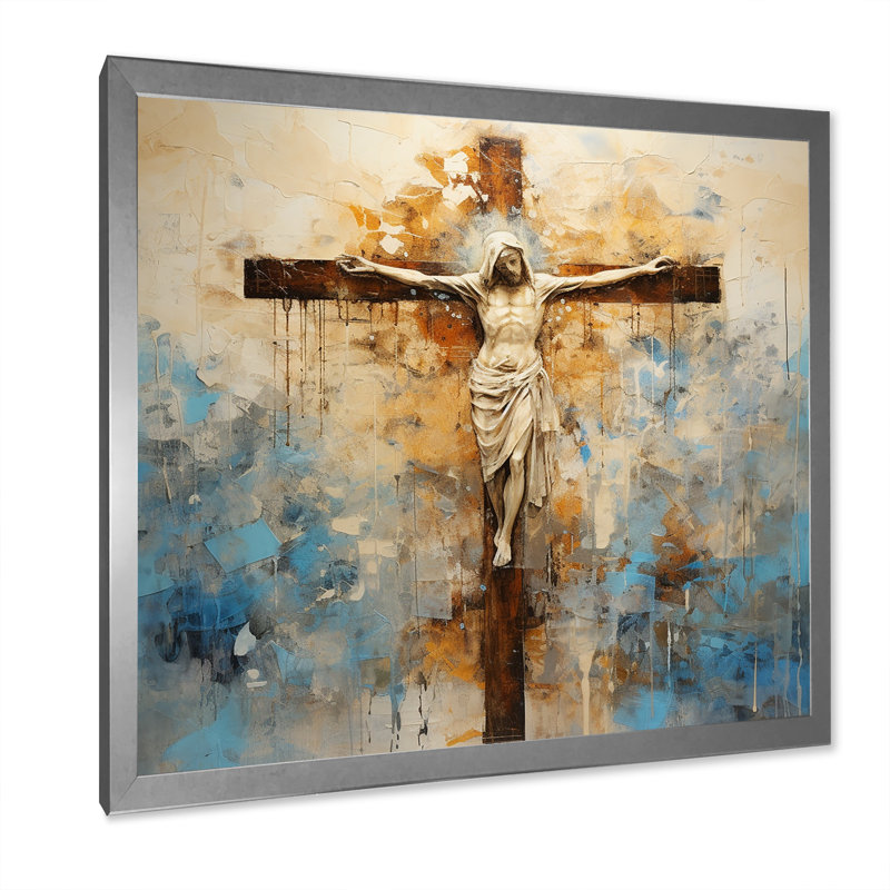 Minimalisme, croix religieuse de Jésus sur toile, Cadre simple argenté, H 36 po x l 36 po x P 1,5 po