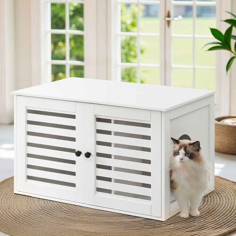 Wooden litter box enclosure styled as a modern side table
