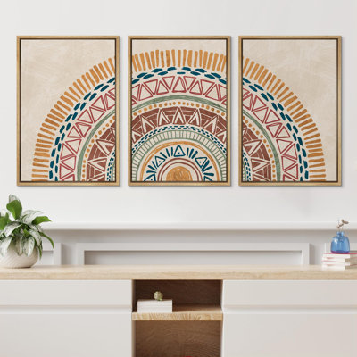 Brown Bohemian Abstract Geometric Rustic Neutral Boho Artwork Wall Art Framed 3 Pieces Canvas Print