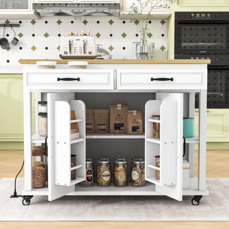 Extendable Kitchen Island with 2 Drawers, Storage Cabient and Built-In Power Outlet, White
