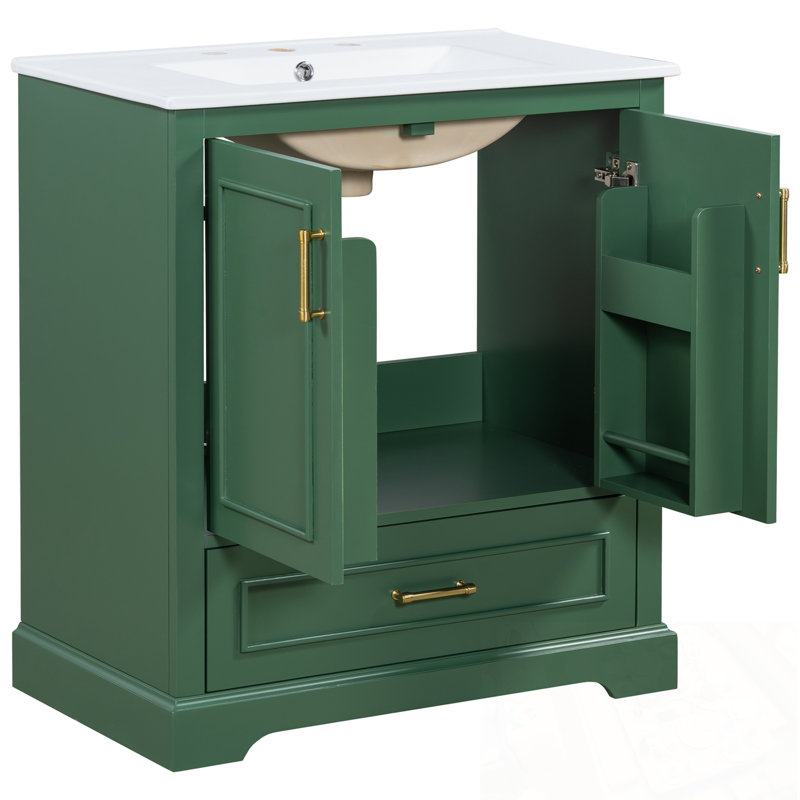 Meuble-lavabo avec lavabo, 1 tiroir et 2 portes à fermeture en douceur, Vert