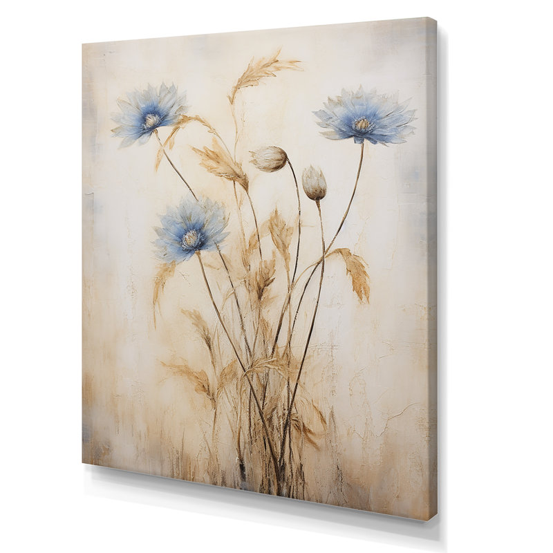 «Minimal Beige and Blue Cornflowers Expression II», reproduction sur toile, Toile tendue, 20" H x 12" W