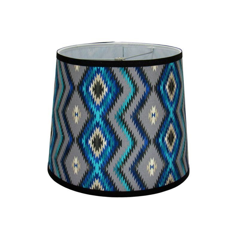 Abat-jour tambour en coton bleu sarcelle / gris / noir, H 11 po x l 14 po x P 14 po