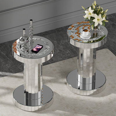 Modern Mirrored End Table with Large Tabletop, Crushed Diamonds Side Table with Heavy Duty Round Base, for Living Room, Bedroom and Office, Sliver