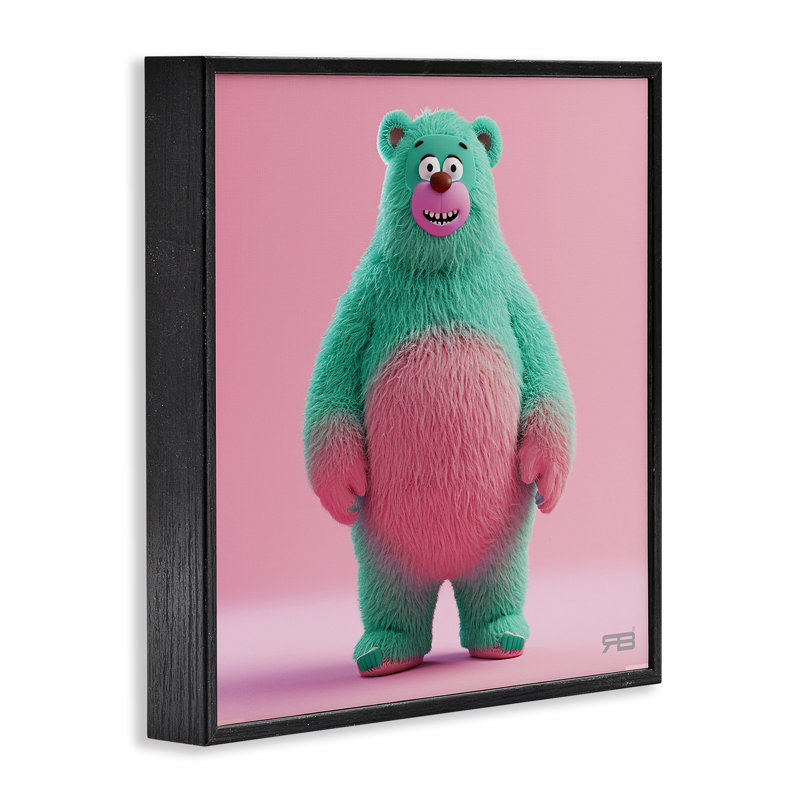 Ours vert souriant, estampe numérique encadrée par RB, H 12 po x l 12 po, Giclée encadrée noir minuit