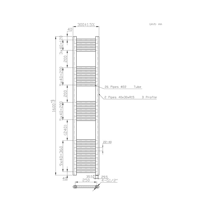 Straight Towel Rail Heated Towel Rails, 160cm H x 30cm W x 3cm D, Chrome