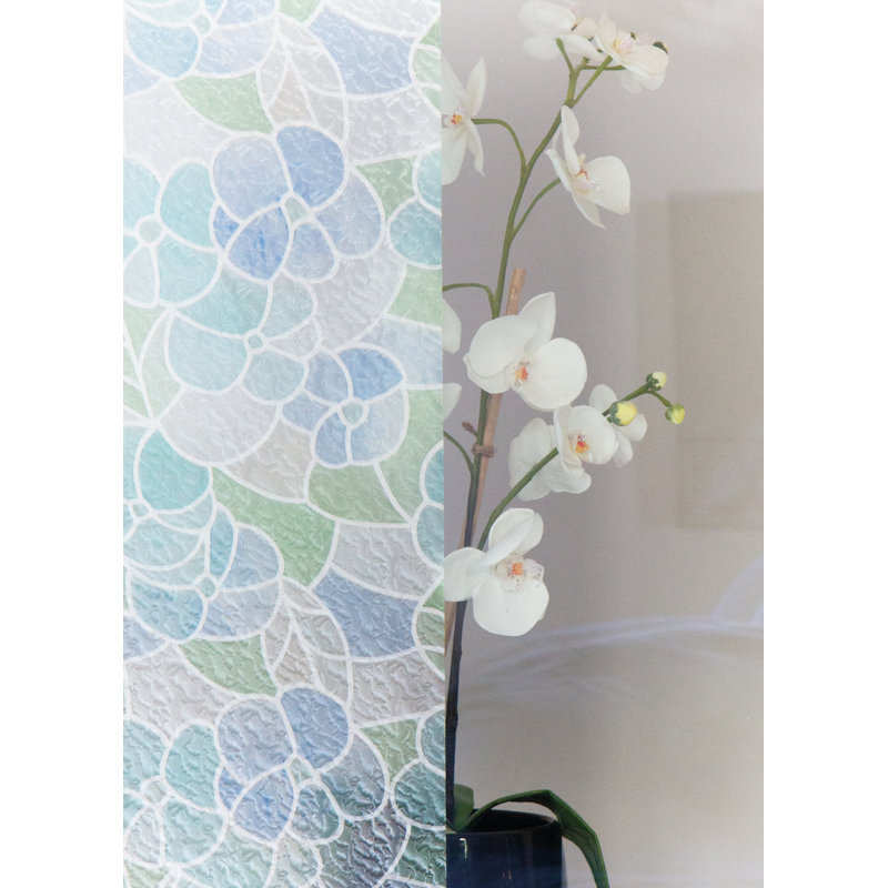 Self-Adhesive Privacy Glass Window Film, 17" x 78" Roll, Stained Glass, Blue/Green