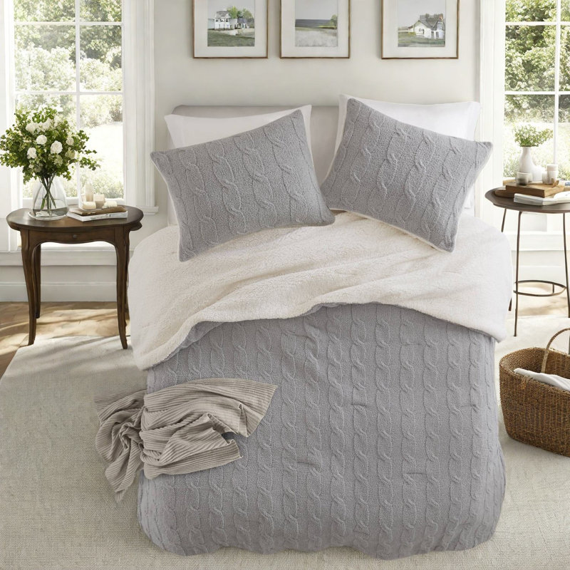 Cozy Chenille Full Queen Bedding Sets, Cable Knit Sherpa Home Style