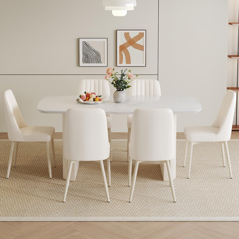 Modern Faux Marble Finish Dining Table Set for 4/6, Rectangular Kitchen & Dining Room Set with PU Leather Chairs, Engineered Wood Table, Easy Clean