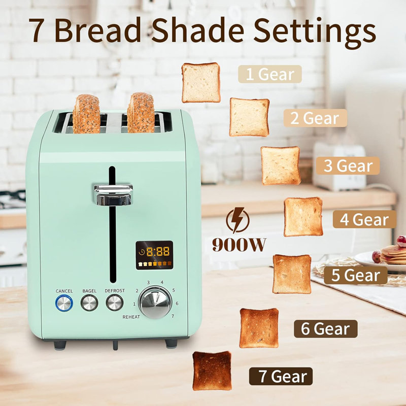 Toaster 2 Slice, Stainless Steel Bread Toaster LCD Display, 7 Bread Shade Settings, 1.4'' Wide Slots, Green