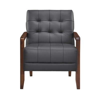 Contemporary Accent Chair In Dark Gray Faux Leather, Plywood Structure, And Walnut Finish Armrest Modern Style With Leather Upholstery, Frame, Arm, Leg, , Seat, Leg